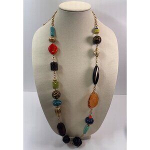 Chico’s Tiana Modern Long Beaded Necklace Acrylic Statement Gold Tone